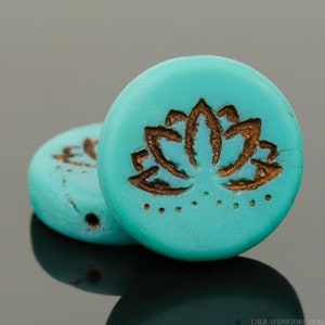 LAST ONES! 18mm Turquoise Matte w/Bronze Wash Lotus Flower (2pc) Czech Glass Bead, DIY Jewelry Bead Supply