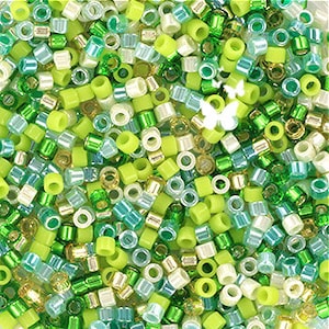 May include: A mix of green, white, and gold seed beads. The beads are small and round, and they are perfect for jewelry making.