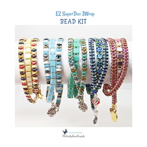 May include: A collection of beaded bracelets in various colors, including red, gold, blue, and turquoise. Each bracelet is intricately designed with small beads and features decorative charms. The image includes the text "EZ SuperDuo 3Wrap BEAD KIT."