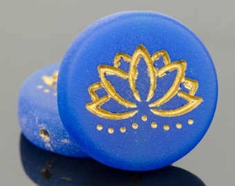 LAST ONES! 18mm Lapis Blue Opaque Lotus Flower (2pc) Czech Glass Bead, DIY Jewelry Bead Supply