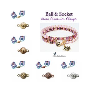 May include: An assortment of 8mm premium ball and socket clasps in various metallic finishes, including gold, silver, and bronze. The image also features a pink beaded bracelet with a gold crown charm, showcasing the clasps' use in jewelry making.