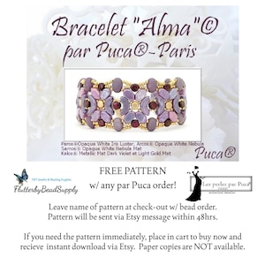 May include: A purple and gold beaded bracelet with a flower design. The bracelet is called "Alma" and is made by Puca Paris. The image includes the text "FREE PATTERN w/ any par Puca order!"