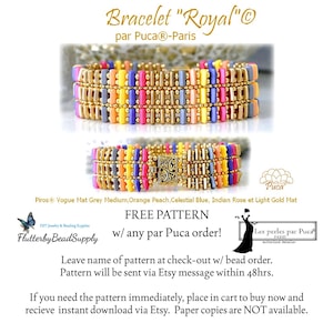 May include: A multi-colored beaded bracelet with a gold clasp. The bracelet is made with small, square beads in shades of gray, orange, peach, blue, pink, and yellow. The text "Bracelet "Royal" par Puca®-Paris" is visible at the top of the image. The text "FREE PATTERN w/ any par Puca order!" is visible in the center of the image. The text "Leave name of pattern at check-out w/ bead order. Pattern will be sent via Etsy message within 48hrs." is visible below the center of the image. The text "If you need the pattern immediately, place in cart to buy now and recieve instant download via Etsy. Paper copies are NOT available." is visible at the bottom of the image.