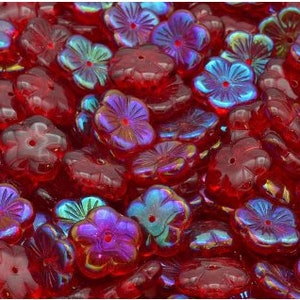 14mm Ruby Red AB Cherry Blossom Czech Glass Flower Beads (10pc)