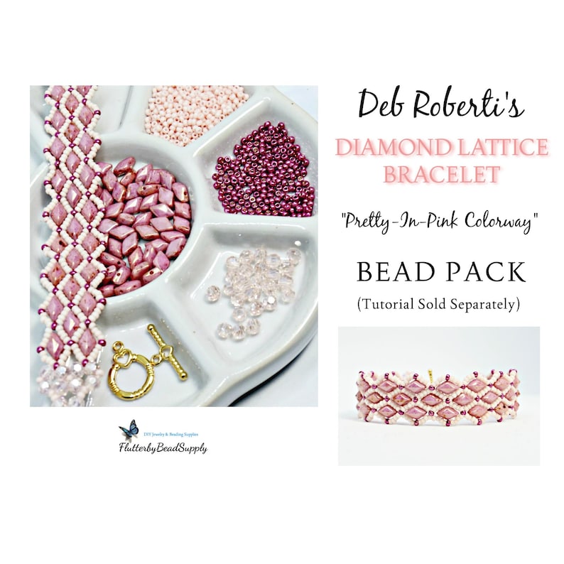 May include: A bead pack for a diamond lattice bracelet in the "Pretty-In-Pink Colorway." The image shows a finished bracelet, along with various pink and clear beads, and a gold-colored clasp. The text on the image says "Deb Roberti's DIAMOND LATTICE BRACELET".
