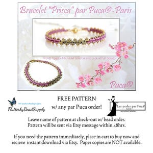 May include: A beaded bracelet with a violet and gold design, labeled "Prisca" by Puca. The image includes a close-up and a smaller view of the bracelet, along with text about a free pattern offer from Flutterby Bead Supply.