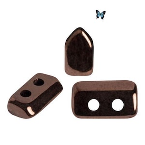 May include: Three brown ceramic beads with two holes each. The beads are in the shape of a rectangle, a rectangle with rounded corners, and a pointed oval.