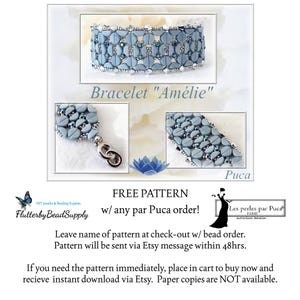 May include: A light blue beaded bracelet with a silver clasp. The bracelet is called "Amélie" and is made with Puca beads. The image includes text that says "Free Pattern w/ any par Puca order!" and "Leave name of pattern at check-out w/ bead order. Pattern will be sent via Etsy message within 48hrs."