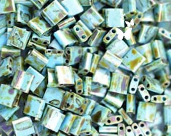TL-4514 Sea Foam Green Matte aka Opaque Turquoise Blue Picasso Miyuki 2-Hole Tila Beads (8gr)