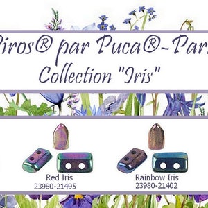 May include: Four different colors of Piros® par Puca® - Paris Iris beads. The beads are iridescent and come in blue, red, rainbow, and green. Each bead has a two-hole design and is labeled with its color and product number.