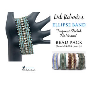May include: A turquoise and brown beaded bracelet, part of the Ellipse Band collection, is displayed on a black hand. The bracelet features a stacked Tila design with white accents. The image also shows other color variations of the bracelet.