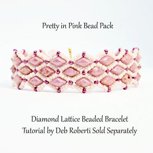 May include: A diamond lattice beaded bracelet in shades of pink and white. The bracelet features a repeating pattern of pink diamond-shaped beads, connected by white beads and accented with small purple beads. The text "Pretty in Pink Bead Pack" and "Diamond Lattice Beaded Bracelet" are visible.