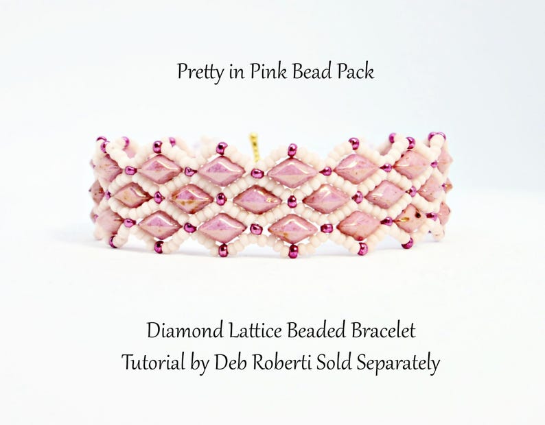 May include: A diamond lattice beaded bracelet in shades of pink and white. The bracelet features a repeating pattern of pink diamond-shaped beads, connected by white beads and accented with small purple beads. The text "Pretty in Pink Bead Pack" and "Diamond Lattice Beaded Bracelet" are visible.