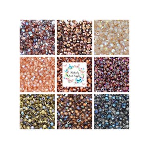 May include: Nine square images of iridescent beads in various colors, including purple, brown, gold, and blue. The center image features a logo with the text "Flutterby Bead Supply" and butterfly illustrations. The beads appear to be small and faceted.