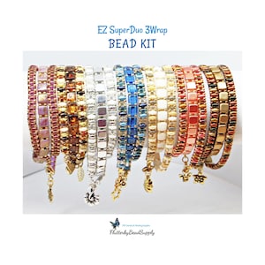 May include: A collection of beaded bracelets in various colors, including purple, gold, white, blue, and coral. Each bracelet features a unique design with small, square beads and decorative charms. The text "EZ SuperDuo 3Wrap BEAD KIT" is displayed at the top.