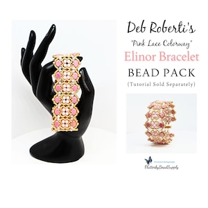 May include: A beaded bracelet in the "Pink Lace Colorway" design, featuring pink and gold beads. The bracelet is displayed on a black hand-shaped stand. The image also includes the text "Elinor Bracelet BEAD PACK" and the Flutterby Bead Supply logo.