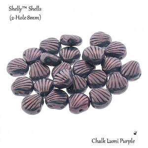 May include: A collection of purple Shelly Shells beads, each measuring 8mm with two holes. These beads feature a textured, ribbed surface resembling a seashell. The text Shelly Shells (2-Hole 8mm) and Chalk Lumi Purple is visible.