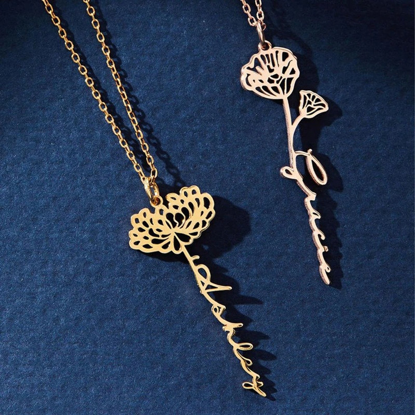 Personalized Name Birth Month Flower Necklace Custom
