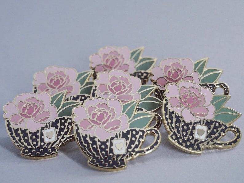 Teacup Peony Enamel Pin Floral Pin Tea Lovers Gift Etsy