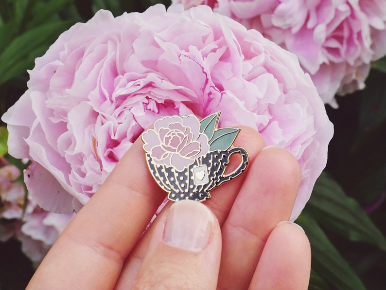 Teacup Peony Enamel Pin Floral Pin Tea Lovers Gift Etsy