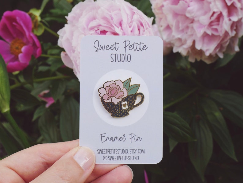 Teacup Peony Enamel Pin Floral Pin Tea Lovers Gift Etsy