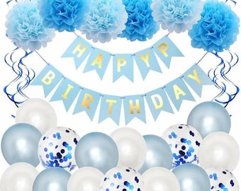 Blue Happy Birthday Decoration Set Balloons Banner Bunting Paper Pompoms party UK Blue