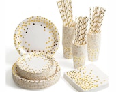 100 pcs White Gold Party Tableware Set, including Paper Plate, Paper Cups, Napkins and Paper Straws