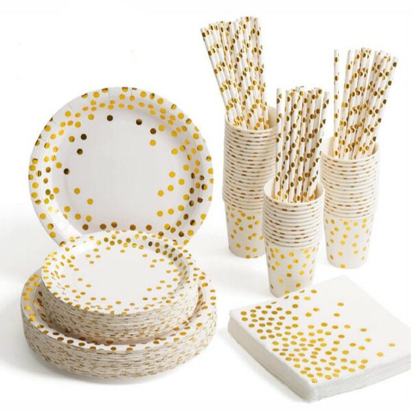 100 pcs White&Gold Party Tableware Set, including Paper Plate, Paper Cups, Napkins and Paper Straws