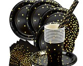 100 pcs Black Gold Tableware Set, including Paper Plate, Paper Cups, Napkins and Paper Straws