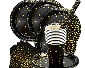 100 pcs Black&Gold Tableware Set, including Paper Plate, Paper Cups, Napkins and Paper Straws