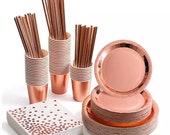 100 pcs Rose Gold Party Tableware Set, including Paper Plate, Paper Cups, Napkins and Paper Straws
