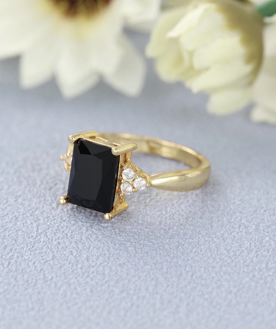Emerald cut Black Onyx engagement ring vintage diamond Cluster | Etsy