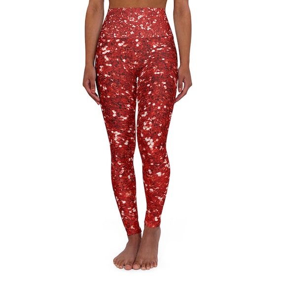 Red Sequins High Waisted Yoga Leggings / Work Out Gym Leggings / Size Large  / Valentines Day Leggings 