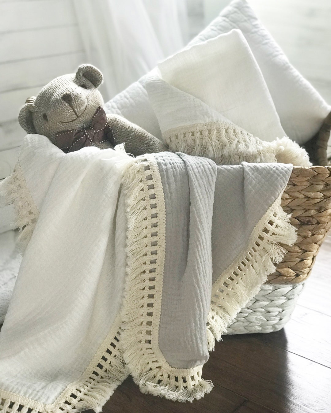Boho Baby Swaddle Pure Cotton Muslin Baby Blanket Boho Fringe Tassel