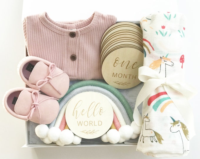 Newborn Baby Shower Gift Box | Baby Girl Gift Set | Baby Milestone Discs | Birth Announcement | Welcome Baby Present | Boho Rainbow Theme