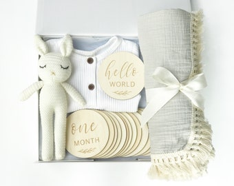 Personalized Newborn Baby Shower Gift Box | Neutral Unisex Gift for Baby | Milestone Discs Photo Props