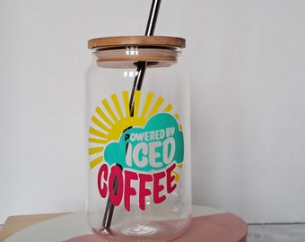 Coffee glass can cup, "Powered by iced coffee" bright can glass with lid and straw, Libbey glass, Bubble Tea, coffee lover, smoothie glass