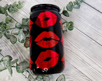 Red Lips Glass Can, Black Libbey can with lid and metal straw, Iced coffee glass, novelty coffee glass, Red chrome lips, gifts for her, 16oz