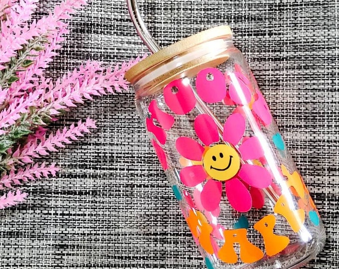 Featured listing image: Choose Happy Iced Coffee Glass – Retro Smiley Face Cup with Lid & Straw