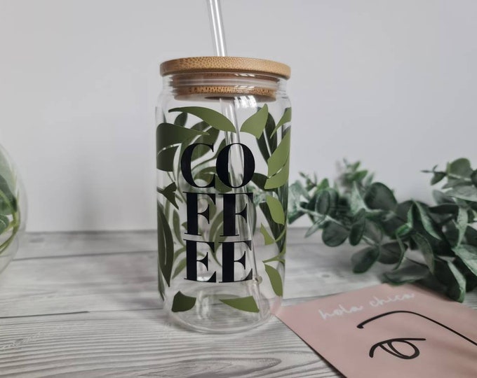 Featured listing image: Coffee glass can cup, leaf themed beer can glass, libbey glass, Personalised Green Leaf Aesthetic Iced Coffee Glass – Your Name, Your Style!