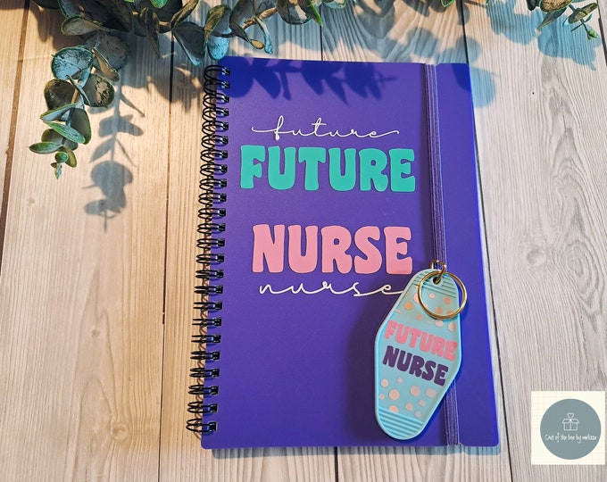 Featured listing image: student nurse mini gift set. personalised student nurse bundle, future nurse motel keychain, purple notebook, nurse in the making gift.