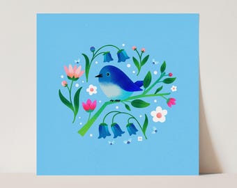 Digital Art Print, Bluebird and flowers