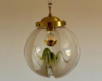 Vintage Murano Glass Globe Pendant Lamp / Mid Century Modern Mazzega White & Green Ceiling Light / 1970s
