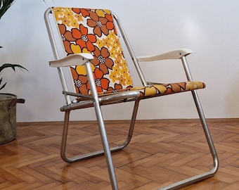 Vintage Foldable Beach Chair / Retro Folding Camping Chair / Picnic Chair /  Canvas Chair / Aluminum Compact Chair / Germany / 1970s