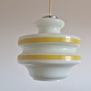 Vintage UFO Pendant Light / Space Age Hanging Lamp / Mid Century Kitchen Lighting / Ceiling Lamp / Yellow & White / Yugoslavia / 1970s