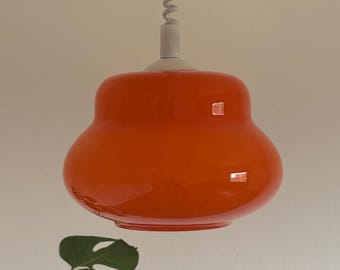 Vintage Orange Opaline Glass Pendant Lamp / Adjustable Mid Century Modern Ceiling Light / Retro Hanging Lamp / Made in Yugoslavia / 1970s