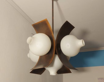 Vintage cooper ceiling light / Retro pendant light / hanging light / Chandelier with five glass bulbs / Mid-century / 70s / Yugoslavia