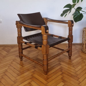 1 of 2 Mid Century Brown Leather Armchair / African Armchair / Vintage Wooden Brown Armchair / Lounge Chair / Made in Africa / 1970s