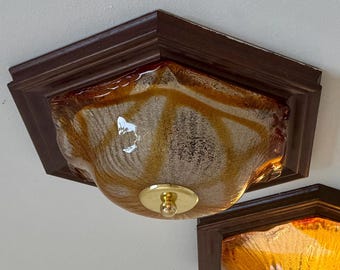1 of 2 Vintage Murano Glass Wall or Ceiling Light / Hexagonal Frosted Orange Glass Sconce on Wooden Frame / MCM Flush Mount Lamp / 1970s
