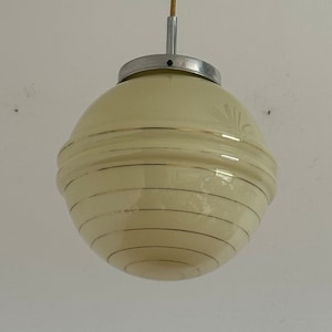 Vintage Art Deco Beige Glass Globe Pendant Light / Mid Century Ribbed Sphere Ceiling Lamp /  Glass Ball / Made in Yugoslavia / 1950s